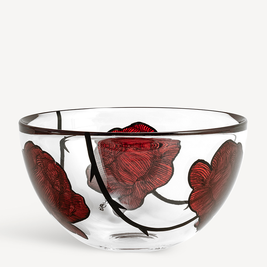 Kosta Boda Tattoo Bowl Hand Painted Decor Rose Crystal Glass Clear Red Kosta Boda Tattoo Bowl Hand Painted Decor Rose Crystal Glass Clear Red