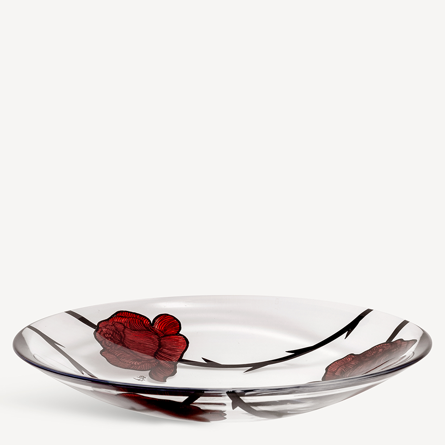 Kosta Boda Tattoo Dish Hand Painted Decor Rose Crystal Glass Clear Red Kosta Boda Tattoo Dish Hand Painted Decor Rose Crystal Glass Clear Red