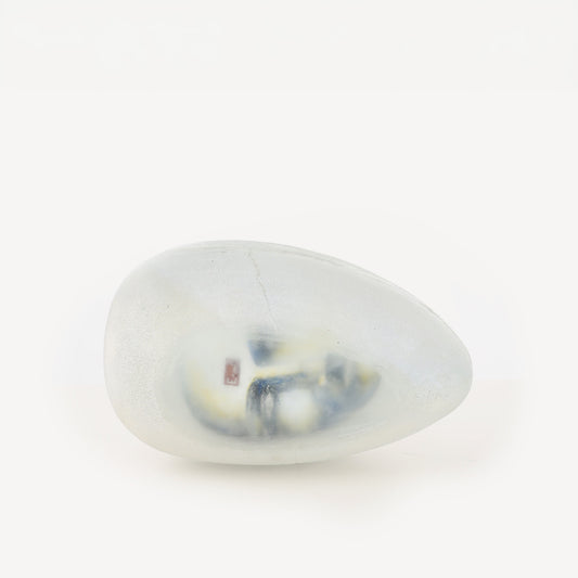 Egg shaped Resting Head 1 Bertil Vallien transparent sculpture with a head inside it.